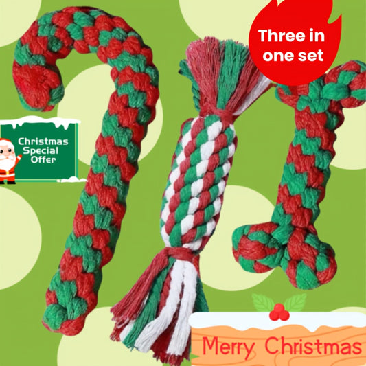 Lot de 3 jouets de Noël en corde pour chien | Jouet à mâcher et à tirer résistant en forme de canne à sucre pour chiots et mâcheurs agressifs