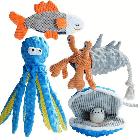 Lot de 4 jouets couineurs à froisser thème océan pour chien | Jouets à mâcher interactifs en peluche pour chiots et chiens de toutes tailles
