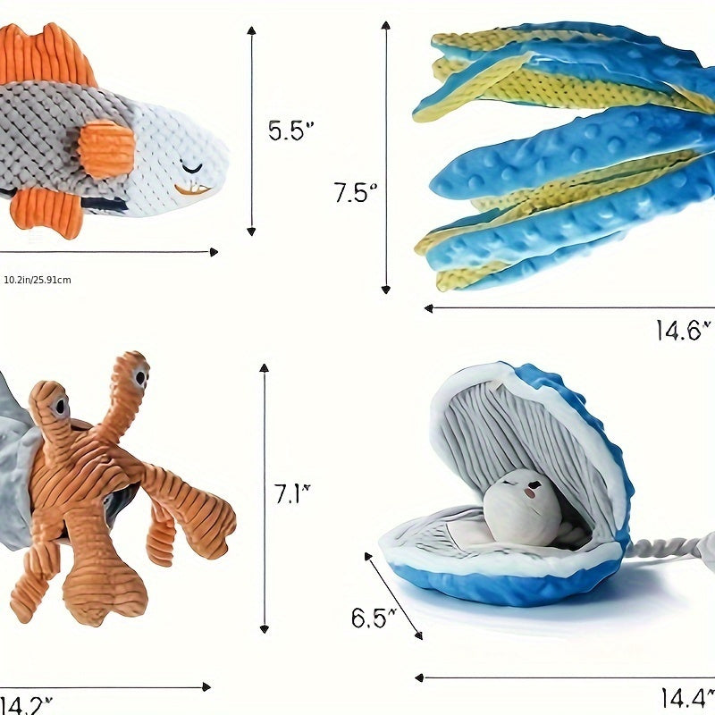 4-Pack Ocean Theme Crinkle Squeaky Dog Toy Set | Interactive Plush Chew Toys for Puppies & All Dog Sizes