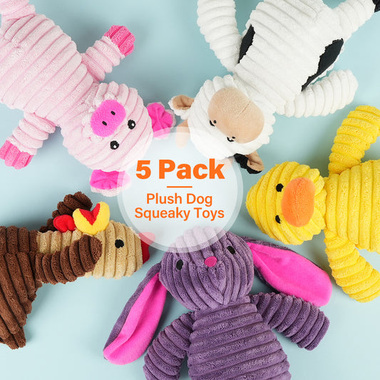 5-Pack Plush Squeaky Animal Dog Toy Assortment | Stuffed Chew Gift Toys for Small, Medium & Large Dogs