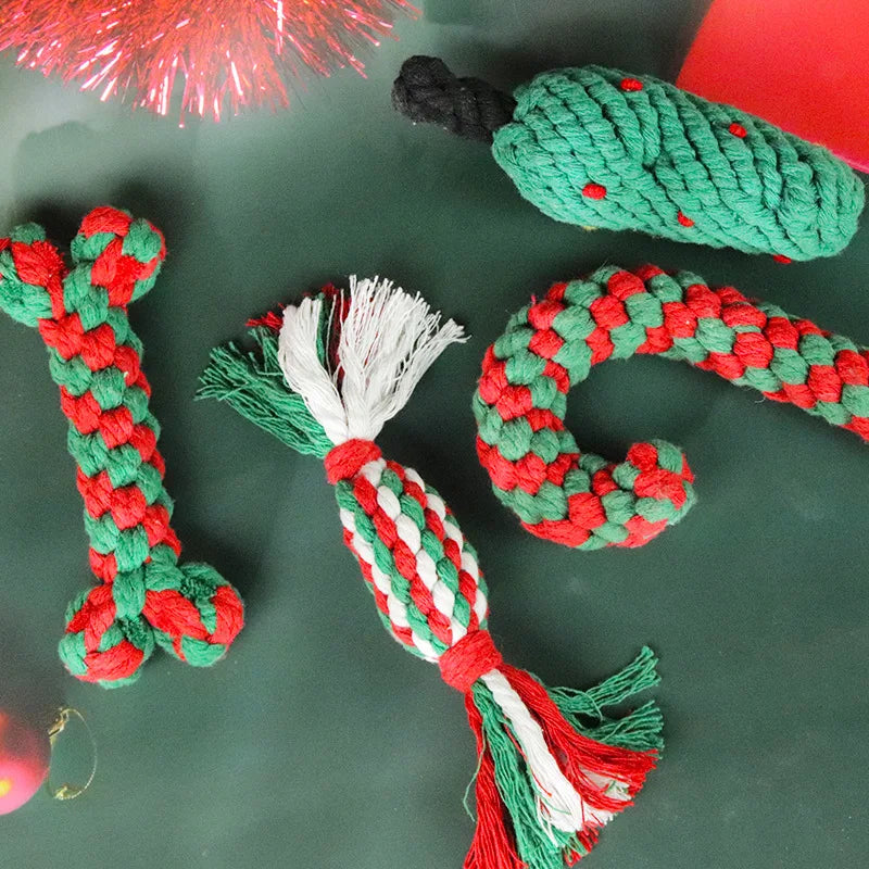 Christmas Pet Cotton Rope Cane Toy Set Bite-resistant Molar Interactive Dog Toy Teeth Clean Festive Toy For Small Medium Dogs