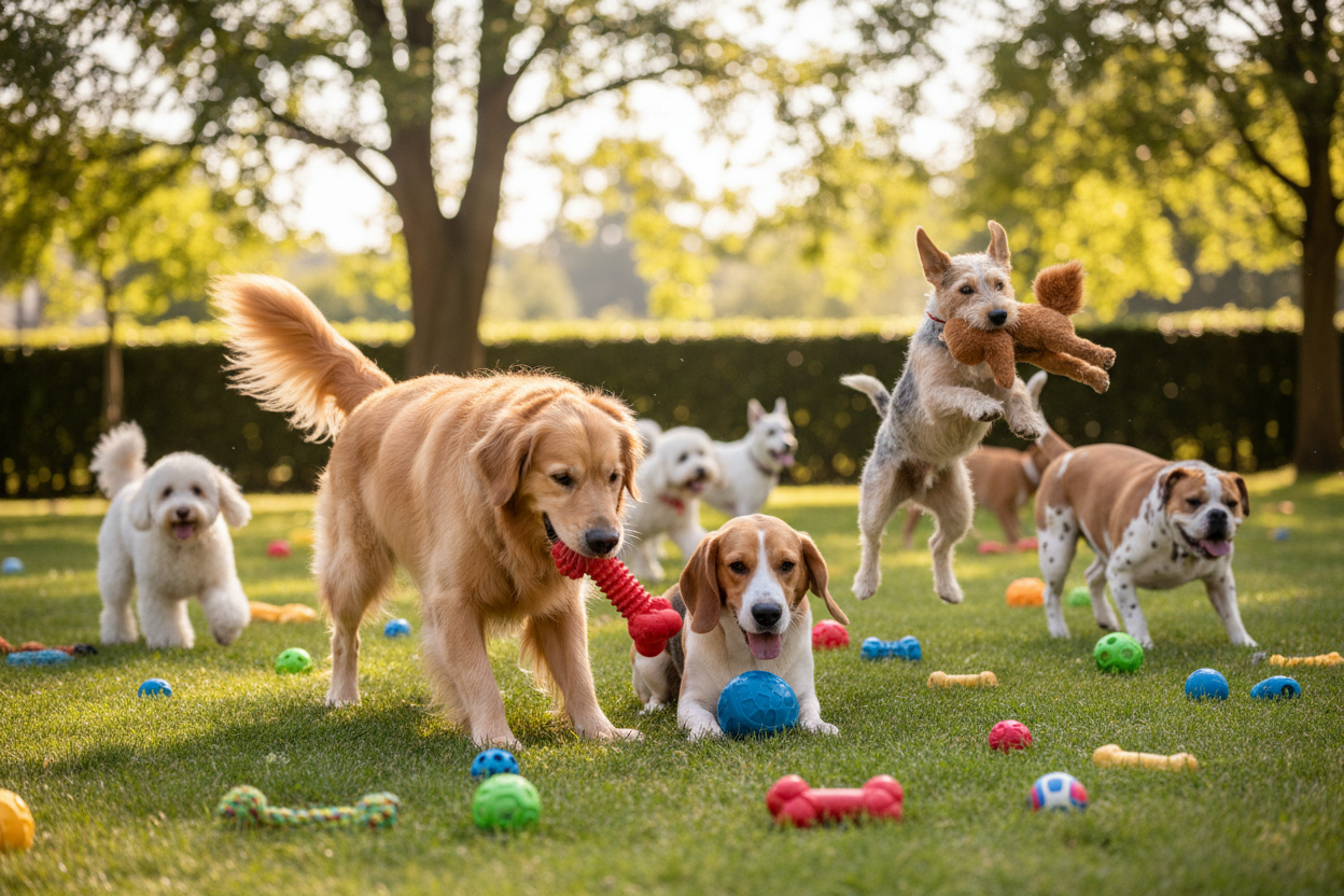dogs playing with rubber and plush toys