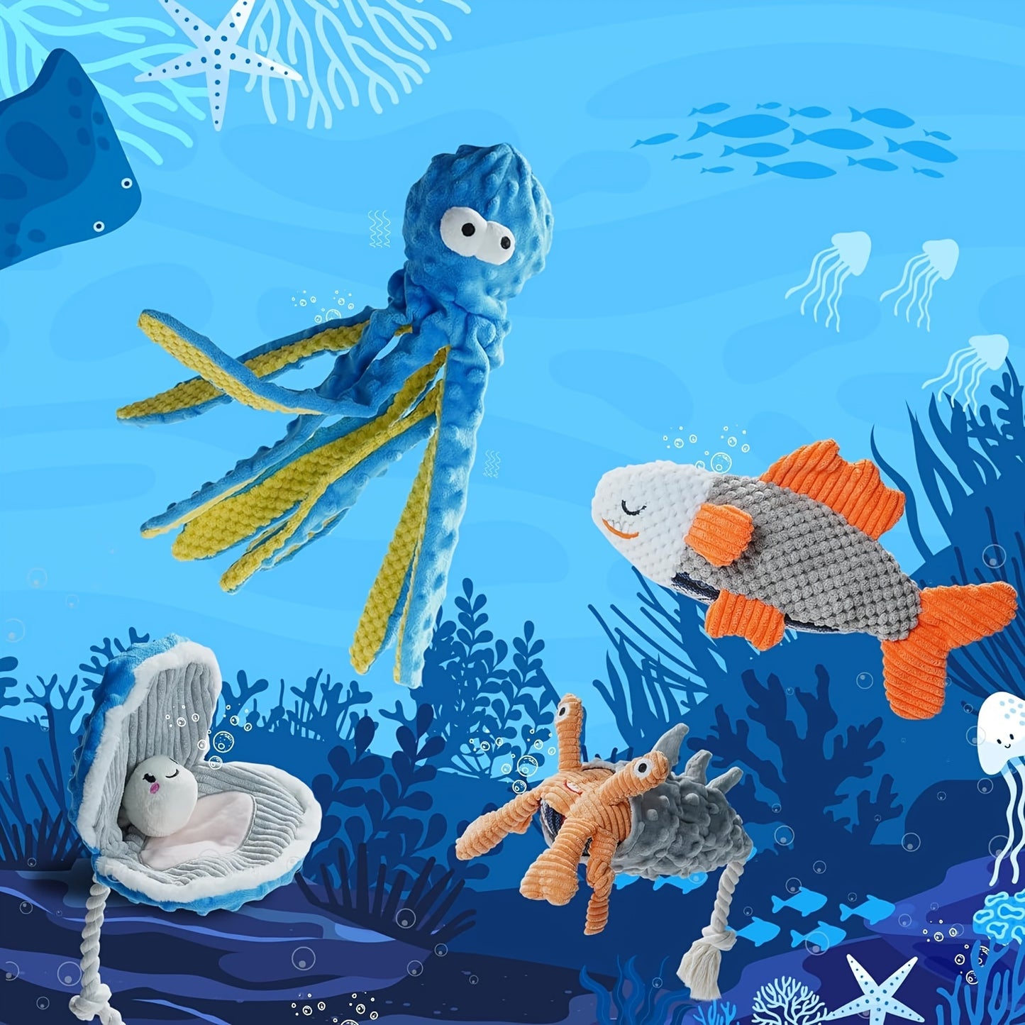 4-Pack Ocean Theme Crinkle Squeaky Dog Toy Set | Interactive Plush Chew Toys for Puppies & All Dog Sizes